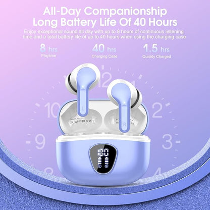Wireless Earbuds, Bluetooth 5.4 Headphones HiFi Stereo, Bluetooth Earbuds with ENC Noise Cancelling Mic,IP7 Waterproof in Ear Earphones, 48H, LED Display Ear buds for Pad Phones Workout, White Purple