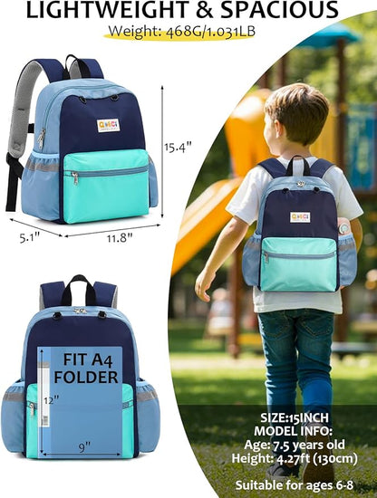 Kids Backpack for Boys Girls, Toddler Backpack for Preschool Kindergarten, 15inch Elementary School Bookbag with Reflective for Ages 6-8, Mint Blue