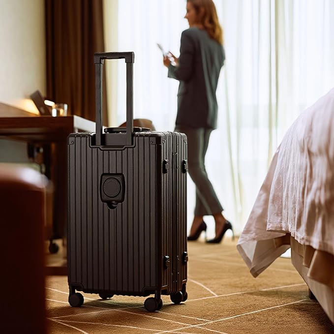 24 Inch Aluminum Frame Checked Travel Luggage with Spinner Wheels,Zipperless Hard Shell Suitcases with TSA Approved USB Port,Cup & Phone Holder for Women Men,Black