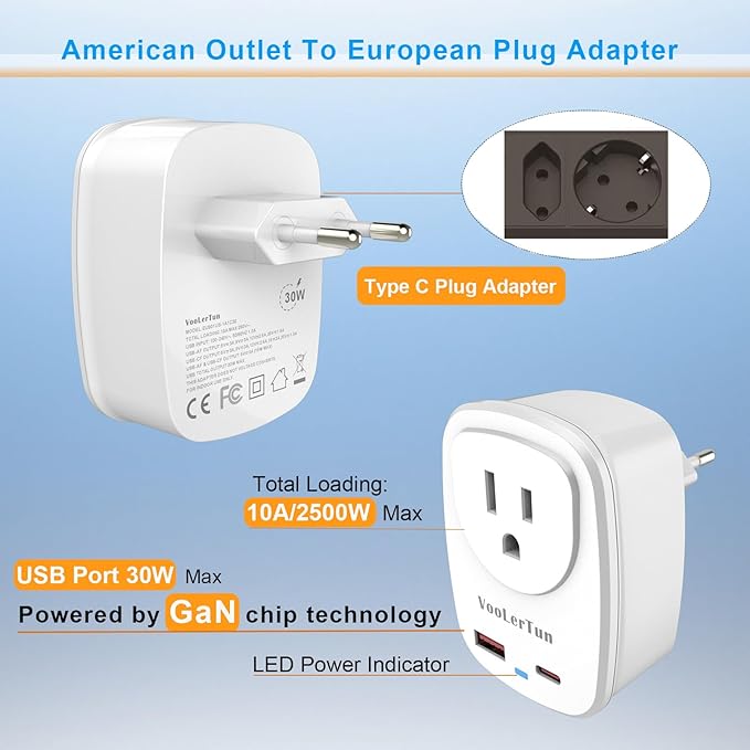 Type C Plug Adapter, VooLerTun Frence Germany Travel Adapter with 30W Fast Charge Power Adapter Dual Ports Compatible iPhone 17/16 Series, 1 American Outlet Adapter, US Converter for European Travel