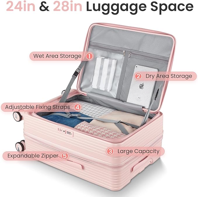 Merax 100% PC Hard Shell Luggage Set, 3 Piece Lightweight TSA Lock Spinner Suitcase with Front Pocket, Airline Approved, Pink, 20/24/28 Inch