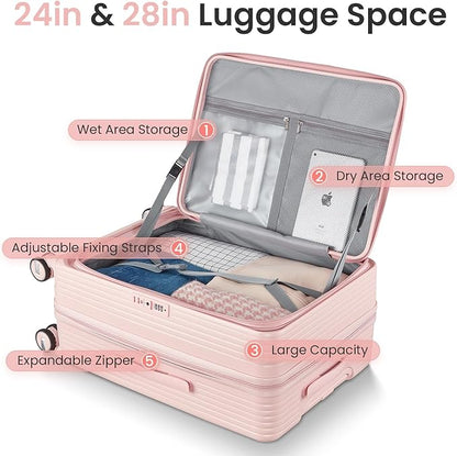 Merax 100% PC Hard Shell Luggage Set, 3 Piece Lightweight TSA Lock Spinner Suitcase with Front Pocket, Airline Approved, Pink, 20/24/28 Inch
