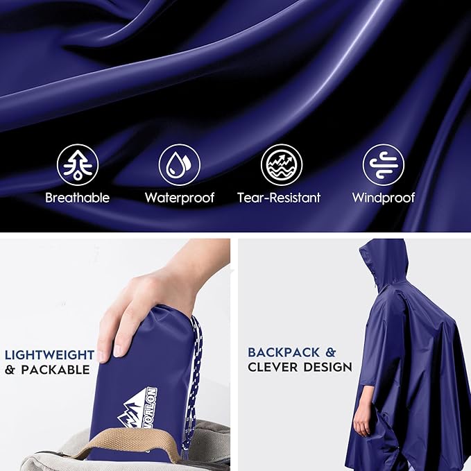 Bruvoalon 3-in-1 Rain Poncho with 1/4 Zip & Chest Pocket, Waterproof, Sunshade, Ground Mat for Adults & Youth Emergency