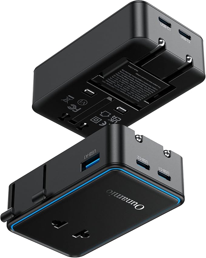 Mini Travel Adapter, 【2026 Ultra-Thin Design】 PD 25W 4-Port Power Adapter with 1 AC, 1 USB-A, and 2 USB-C Ports, Smart Temperature Control, Compatible for EU/UK/AU/AS, Ideal for Travel Essentials