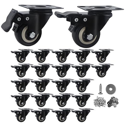 2 Inch Caster Wheels Set of 24 Heavy Duty Casters,with Brake,No Noise Locking Polyurethane (PU) Wheels, for Furniture and Workbench Load 800lbs