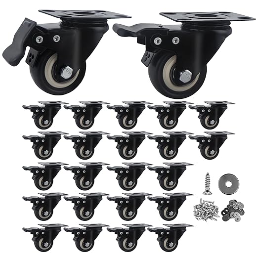 2 Inch Caster Wheels Set of 24 Heavy Duty Casters,with Brake,No Noise Locking Polyurethane (PU) Wheels, for Furniture and Workbench Load 800lbs
