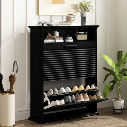 Fluted Shoe Cabinet for Entryway, Modern Shoe Storage Organizer with 2 Flip-Down Drawers & Adjustable Shelves, Hidden Narrow Slim Shoe Rack for Hallway, Mid-Century Modern Furniture, Black