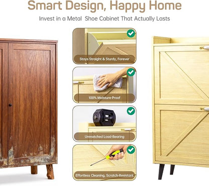 Shoe Storage Cabinet for Entryway with 2 Flip Drawers, Narrow Metal Shoe Cabinet with Anti-Tip, Holds 12-16 Pairs, Freestanding Shoes Cabinets Storage for Entryway, Foyer, Hallway