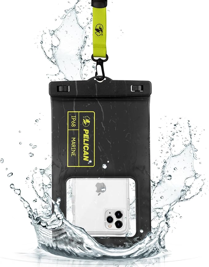 Pelican Marine - IP68 Waterproof Phone Pouch (XL Size) Floating Waterproof Phone Case - Beach Cruise Ship Travel Essentials - Works with All Phones - Detachable Lanyard - Black/Hi-Vis Yellow