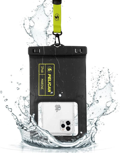 Pelican Marine - IP68 Waterproof Phone Pouch (XL Size) Floating Waterproof Phone Case - Beach Cruise Ship Travel Essentials - Works with All Phones - Detachable Lanyard - Black/Hi-Vis Yellow