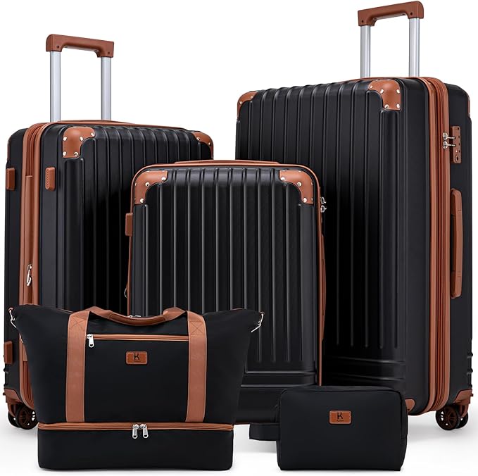 KUNEL Expandable 5 Piece Luggage Sets with Detachable Spinner Wheels and TSA Lock, Unisex Hardside ABS Suitcase Set, Hardshell Lightweight Waterproof Travel Hard Case Suitcases with Wheels, Black