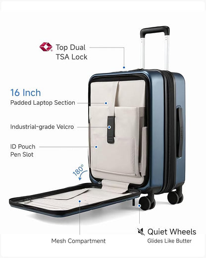 Carry On Luggage 22x14x9 Airline Approved, FLO5 Expandable Polycarbonate Suitcase with Front Pocket (FX-Core, Blue, 20 Inch)