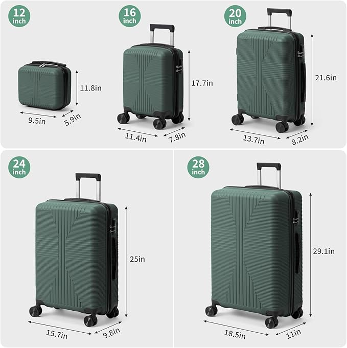 Karl home Luggage Sets 4 Piece, PP Hard Case Suitcase Set with Built-in Lock Spinner Wheels, Lightweight Durable Carry on Luggage for Business Travel - Dark Green (16/20/24/28")