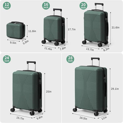 Karl home Luggage Sets 5 Piece, PP Hard Case Suitcase Set with Built-in Lock Spinner Wheels, Lightweight Durable Carry on Luggage for Business Travel - Dark Green (12/16/20/24/28")
