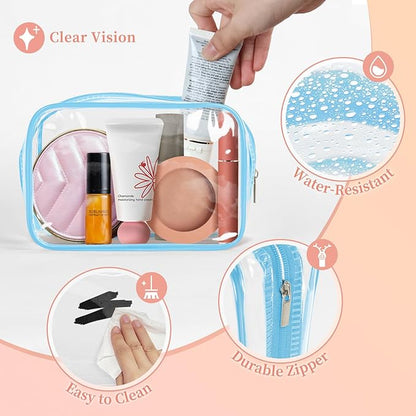 TISRATOK 12 PCS Clear Makeup Bag for Women with Zipper, TSA Approved Toiletry Pouch, Cosmetic Bag Bulk for Travel Organizer Essentials - Blue,Small