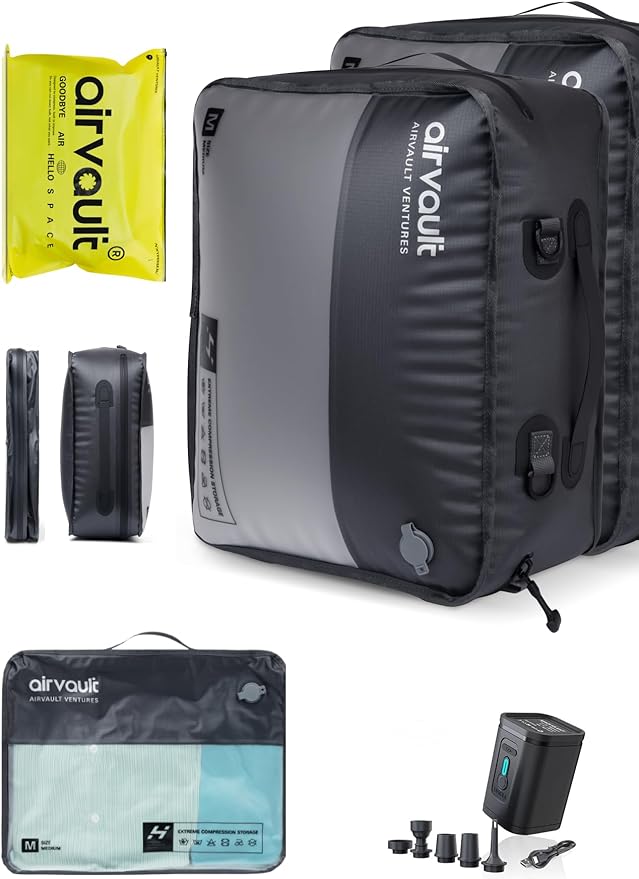 AirVault Travel Pack Vacuum Kit Reusable Air Seal Compression Bags with Wireless Suitcases Backpack Space Saver Vacpack (Gray 21L (2-Pack), 21L (Air Pump Included)