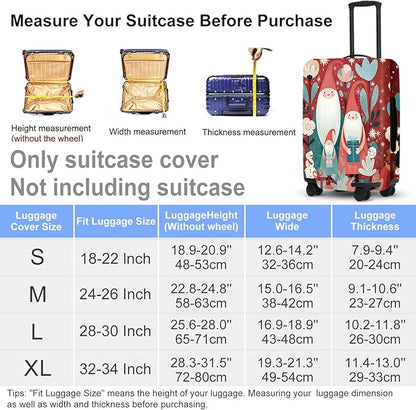Christmas Gnome Luggage Cover - Red Background with Santa's Helpers, Trees and Snowmen, Elastic Holiday Travel Case for 32 34 Inch Bag