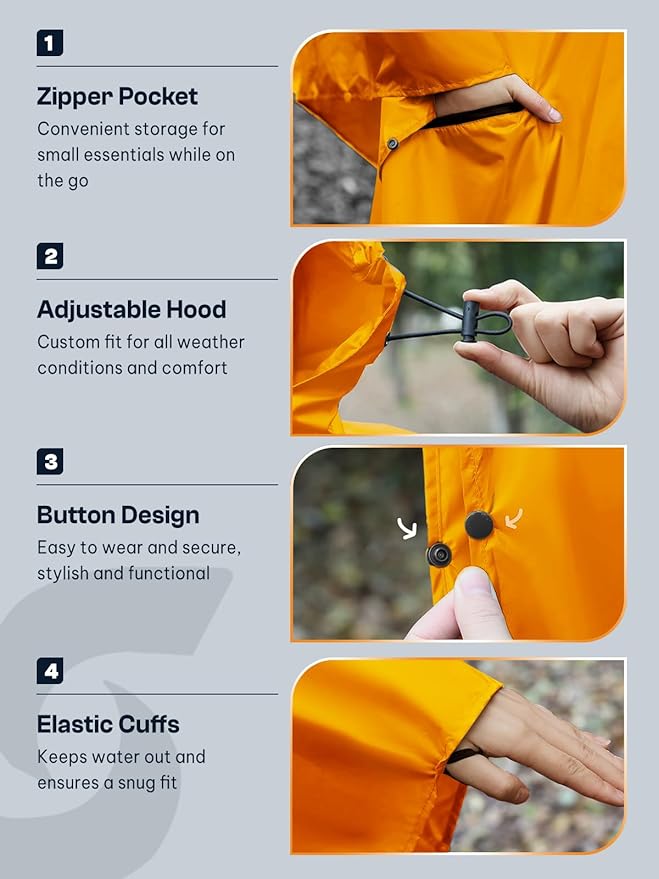 SaphiRose Unisex Rain Poncho Waterproof Raincoat Hooded for Adults Women with Pockets