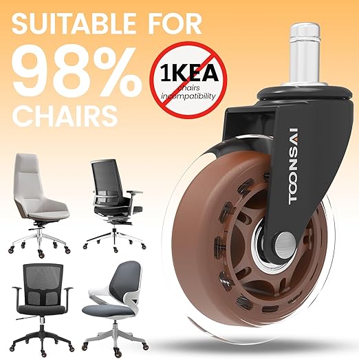 3 Inch Office Desk Chair Wheels Replacement, Computer Gaming Casters for Carpet, Stem 7/16-7/8 Set of 5 for Furniture Hardwood Hard Floors Chair Castors Tile Smooth Safe Quiet Rolling 660 LB, (Brown)