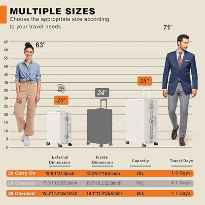 AnyZip Luggage Sets 2 Piece Aluminum Frame Carry On and Checked Suitcase PC ABS Hard Shell TSA Lock No Zipper(White, 20/28)
