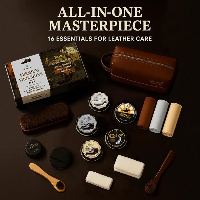 16-in-1 Shoe Polish Kit – Black/Brown/Neutral Shoe Wax, Saddle Soap & Mink Oil (5×2.1oz) – 3 Horsehair Brushes – Leather Shoe Shine & Care Kit in Luxury Leather Bag – Gift for Men & Women