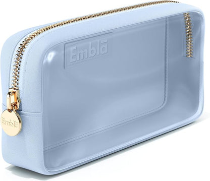 Embla London Makeup Bag Cosmetic Case, Clear Zipper Make Up Pouch and Toiletry Travel Tote, Cute Skincare Pouches for Women Girls, Preppy Purse Cosmetic Organizer, Small Makeup Bags, Sky Blue