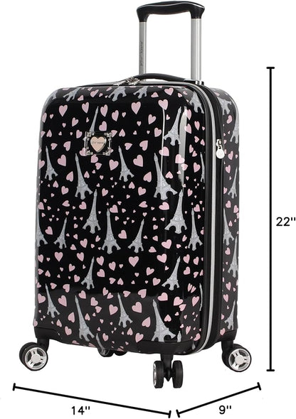 Betsey Johnson Designer 20 Inch Carry On - Expandable (ABS + PC) Hardside Luggage - Lightweight Durable Suitcase With 8-Rolling Spinner Wheels for Women (Paris Love)