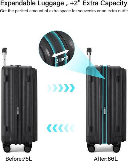 Hanke 24Inch Expandable Luggage Top Opening Medium Checked Luggage Hard Shell Suitcases with Wheels Travel Luggage Rolling Suitcase with Cup Holder(Jet Black)