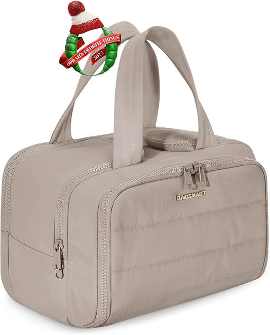 BAGSMART Travel Toiletry Bag, Crush Toiletry Bag for Women, Wide-open Puffy Toiletry Bags for Traveling, Large Travel Cosmetic Makeup Bag Organizer for Accessories,Toiletrie, Grayish Brown