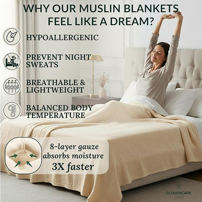 Cloud Scape Linen 8-Layer Muslin Blanket Queen Size - 100% Cotton, Soft and Breathable, Oversized Winter Blanket, Fits up to Full Size Bed, 92x92, Ivory