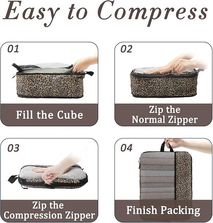 U+U 4 Set Compression Packing Cubes - Ultralight Travel Organizers, Space-Saving Suitcase Organizer, Expandable Packing Cubes for Travel, Business Trip and Family Vacation (Leopard)