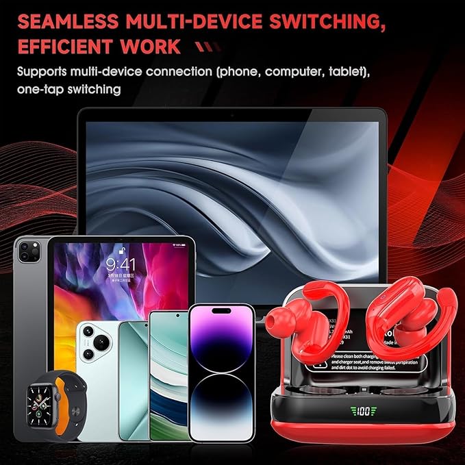 Wireless Earbuds Headphones Bluetooth 5.4, Noise Canceling Ear Buds with 75hr Playtime, IPX7 Waterproof Earphones Over-Ear Earphones for Sports/Workouts, LED Power Display - Red