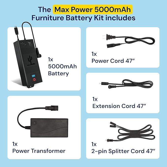 The Blue Cactus Max Power 5000mAh Kit - Battery, Power Transformer, Cords - 2-Pin Connector - Wireless with LED & Low Charge Alert - Couch Battery Pack for Reclining Chairs, Sofas & Loveseats