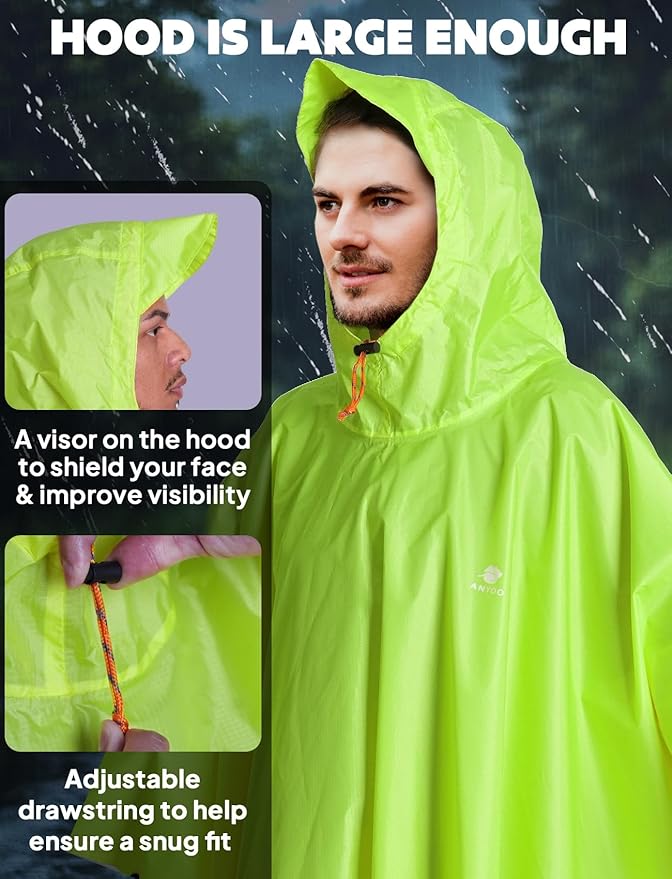ANYOO Hooded Rain Poncho for Adults Waterproof Lightweight Rain Coat for Men Women Reusable Rain Jacket for Emergency Outdoor