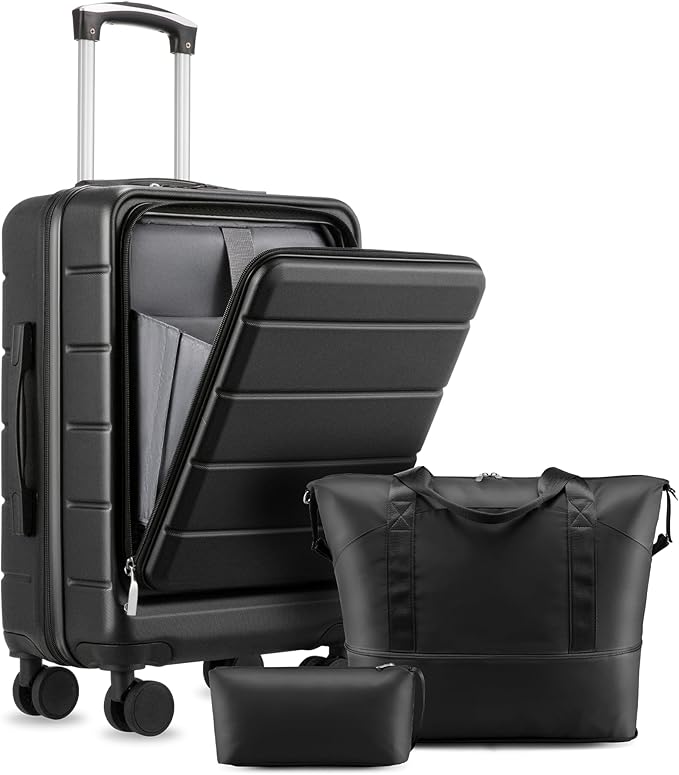 Carry On Luggage with Laptop Compartment, H1F 22x14x9 Airline Approved Front Pocket Hardside Suitcase with Spinner Wheels, TSA Lock, Includes Tote Bag（FX-Lite,Black,3 Piece Sets）