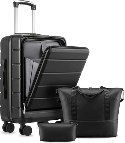 Carry On Luggage with Laptop Compartment, H1F 22x14x9 Airline Approved Front Pocket Hardside Suitcase with Spinner Wheels, TSA Lock, Includes Tote Bag（FX-Lite,Black,3 Piece Sets）