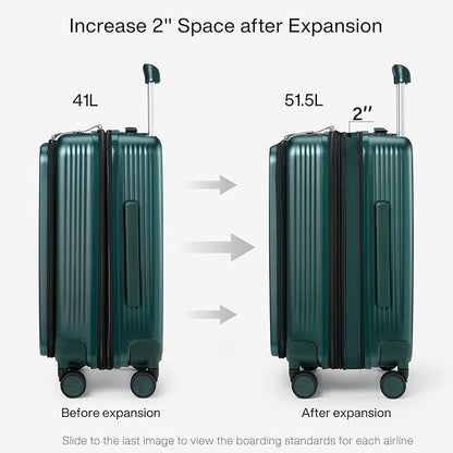 Hanke Grace Expandable Carry On Luggage with Wheels Airline Approved Hard Shell Suitcases with Front Pocket，Top Opening Luggage with TSA Lock for Short Business Travel, Blackish Green.