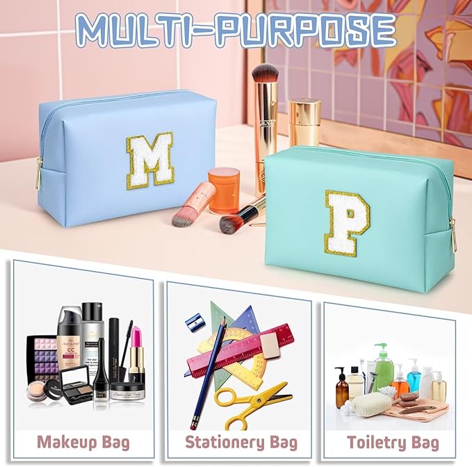 TOPEAST Travel Makeup Bag, Personalized Initial Toiletry Bag w Zipper, Cute Makeup Pouch, PU Leather Waterproof Cosmetic Bag, Birthday Gift for Daughter, Preppy Things for Girls (Sky Blue G)