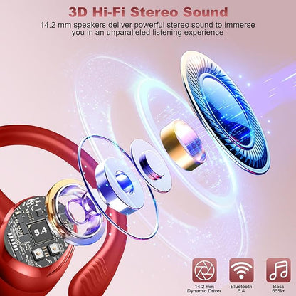 Wireless Earbuds Sport, New Bluetooth 5.4 Headphones with Earhooks, 50H Stereo Deep Bass Over Ear Buds with 4 ENC Noise Canceling Mics, IP7 Waterproof Earphones for Running Workout Gym -Red