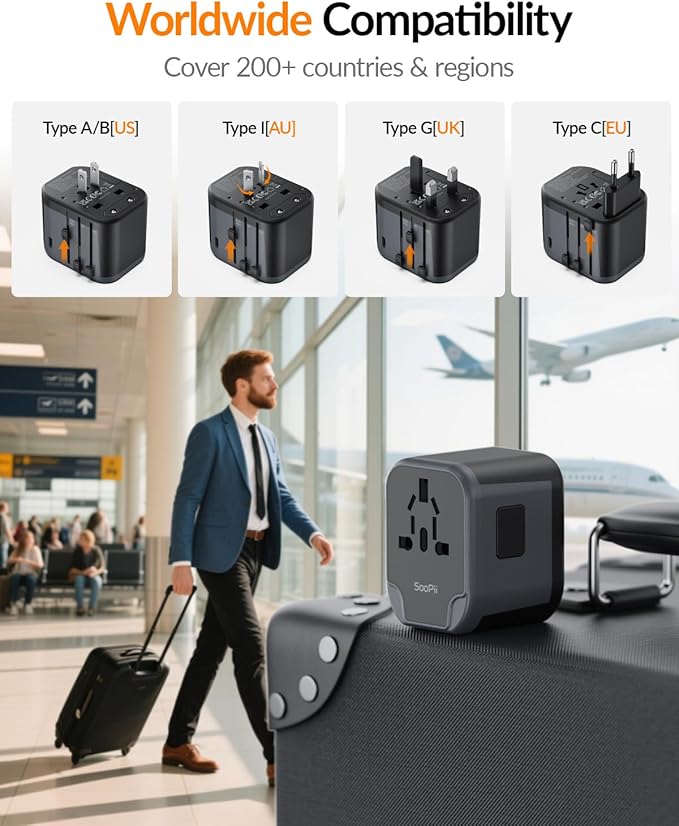 SooPii Universal Travel Adapter,Power Converters with 1 USB C and 2 USB A Ports, 7 in 1 Worldwide Travel Plug Adapter Wall Charger,International Power Adapter for EU, USA, UK, AUS,Asia etc(Black)
