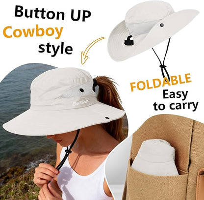 ZOORON Women's Ponytail Safari Sun Hat,Wide Brim UV Protection Outdoor Bucket Hat,Foldable Beach Summer Fishing Hat