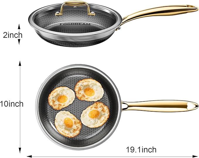 Fogdream 10” Non Stick Frying Pans, Stainless Steel Skillet with Lid, Tri-Ply Stainless Steel for All Cooktops, Dishwasher and Oven-Safe Cooking Pan, Stay-Cool Handle, Gold