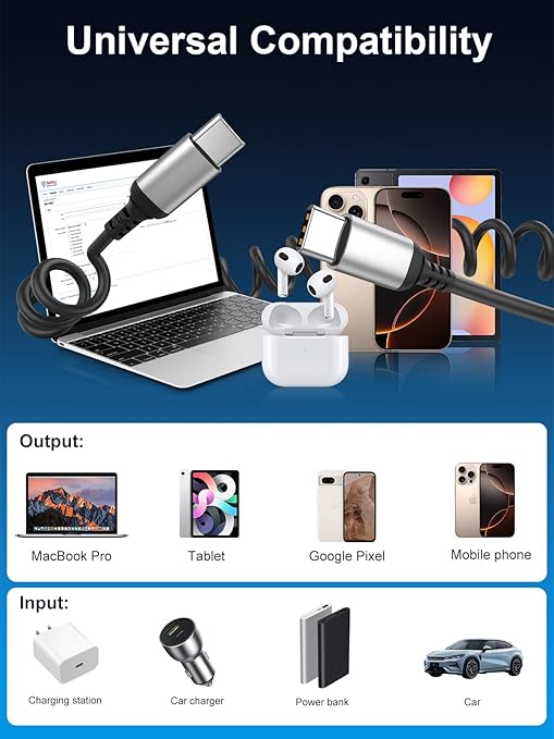 USB C to USB C Coiled Cable 3FT, 2 Pack Retractable USB C Cable for Car, Type C Fast Charging Cable Compatible with iPhone 17/16/15, Samsung Galaxy S25 S24 S23, Pixel 10 9