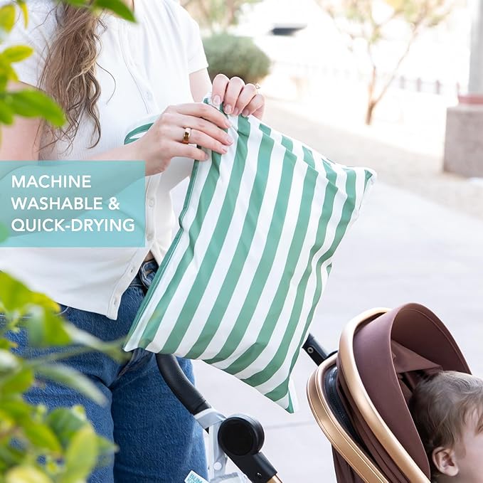 Bumkins - Larger Waterproof Wet Bag - For Baby, Travel, Swim Suit, Cloth Diapers, Pump Parts, Pool, Gym, Toiletry, Strap to Stroller - Reusable & Easy to Clean - 2pk - Gray & Green Stripe