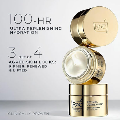 RoC Deep Wrinkle Rich Cream, Fragrance Free, Daily Anti-Aging Firming Cream For Persistent Dryness & Younger-Looking Skin For Women & Men, With Line Smoothing Eye Cream Packette, 1.7oz