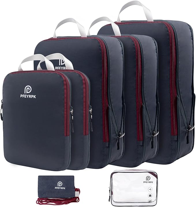 Lightweight Compression Packing Cubes for Suitcases, Compressible Expandable Travel Packing Organizer with Clear Toiletries and Backpack Bag, Travel Essentials for Carry on Luggage 7 Set