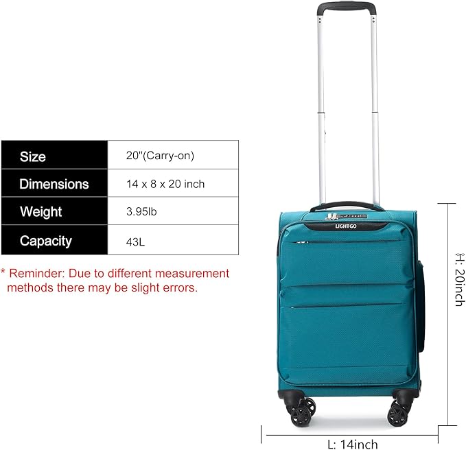 LIGHTGO Lightweight Softside Luggage,20inch Carry on, Water-Resistant, TSA Approved Lock, Spinner Wheel, Turquoise, 20inch