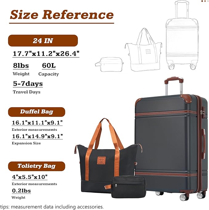 Merax Luggage Set,24 IN Hardside Suitcase with Duffel Bags,3 Piece Expandable Luggage with Spinner Wheels, Vintage Luggage with TSA Lock Lightweight,(Black)