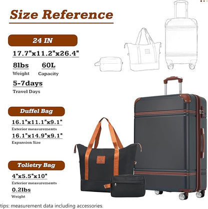 Merax Luggage Set,24 IN Hardside Suitcase with Duffel Bags,3 Piece Expandable Luggage with Spinner Wheels, Vintage Luggage with TSA Lock Lightweight,(Black)