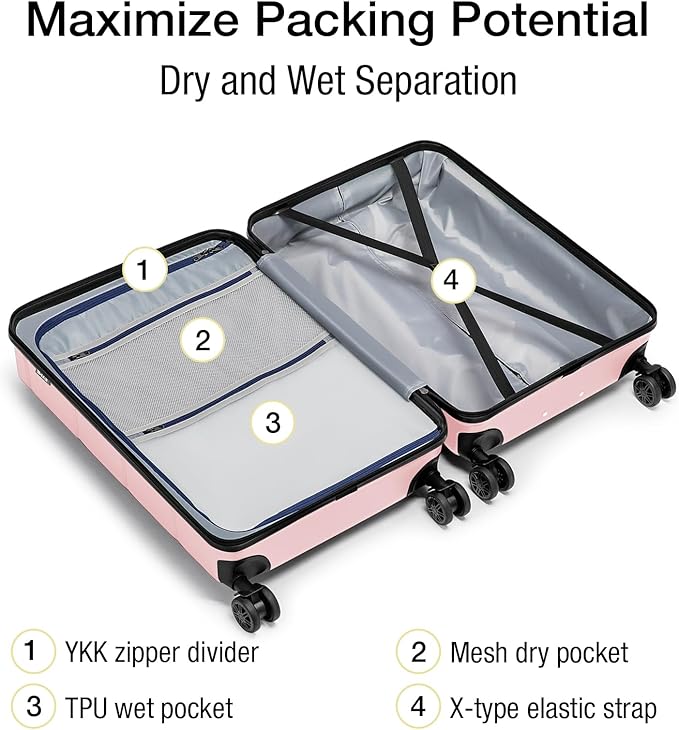 KYME 26 Inch Luggage TSA Approved Hardshell Suitcases with Spinner Wheels Durable Medium Travel Checked Luggage with Cup Holder for Women Men Pink